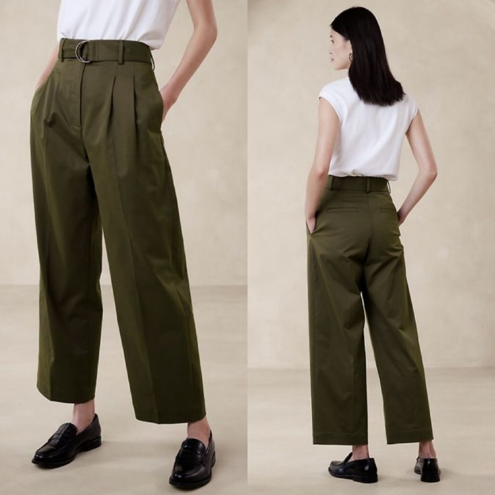 Banana Republic Olive Green High-Waist Pleated Wide-Leg Pants